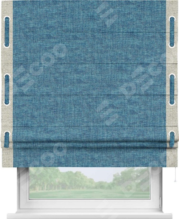 Римская штора «Кортин» для проёма, рогожка димаут лазурно-синий, с кантом Стрим Дуо (люверсы с пояском)