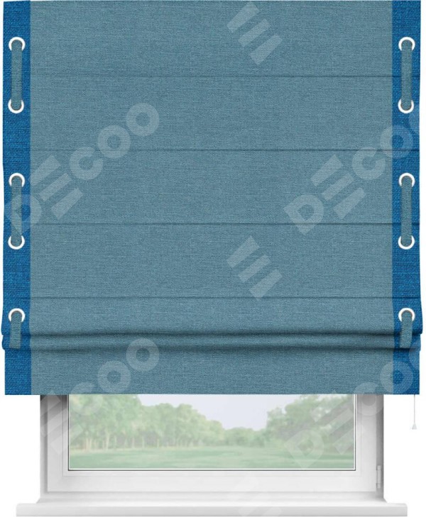 Римская штора «Кортин» с кантом Стрим Дуо (люверсы с пояском), для проема, ткань лён голубой