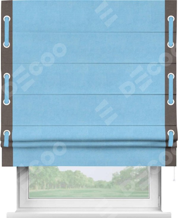Римская штора «Кортин» с кантом Стрим Дуо (люверсы с пояском), для проема, ткань вельвет голубой