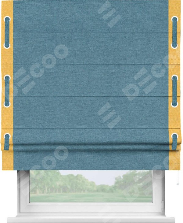 Римская штора «Кортин» с кантом Стрим Дуо (люверсы с пояском), для проема, ткань лён голубой