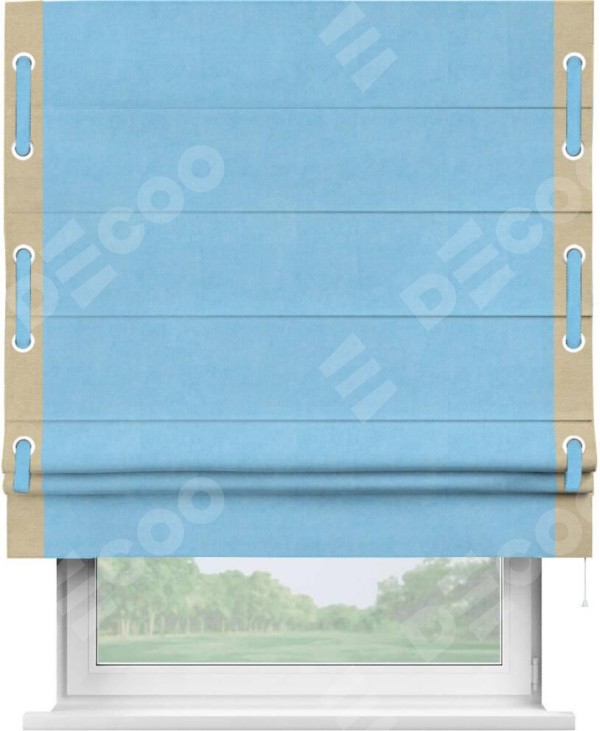 Римская штора «Кортин» с кантом Стрим Дуо (люверсы с пояском), для проема, ткань вельвет голубой