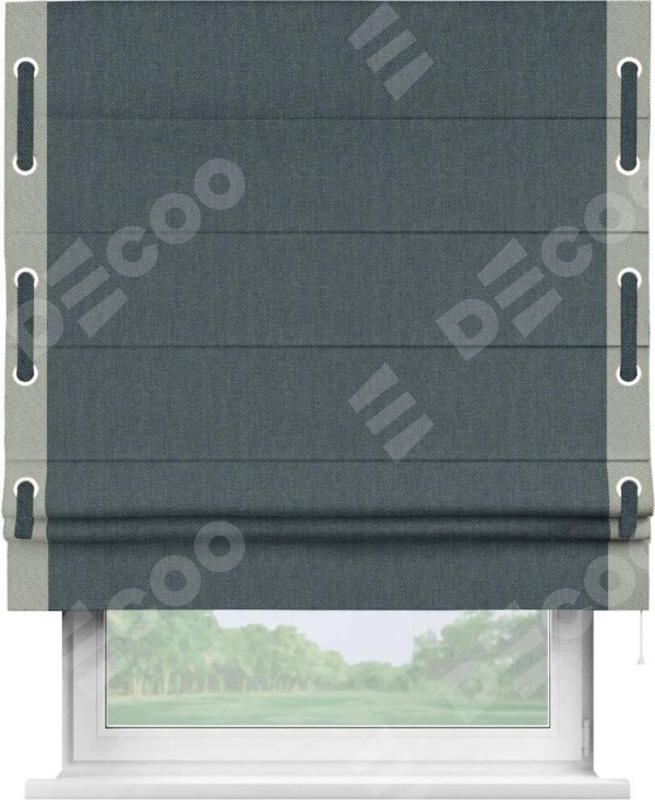 Римская штора «Кортин» с кантом Стрим Дуо (люверсы с пояском), для проема, ткань лён димаут, серо-синий