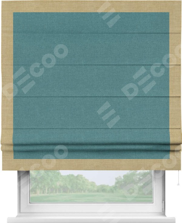 Римская штора «Кортин» с кантом Чесс, для проема, ткань лён бирюзовый