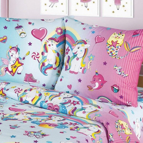 Постельное бельё 1,5сп Миланика Единорожки 145х217см, 150х217см, 70х70см 2 шт, поплин 108г/м, хлопок 100%