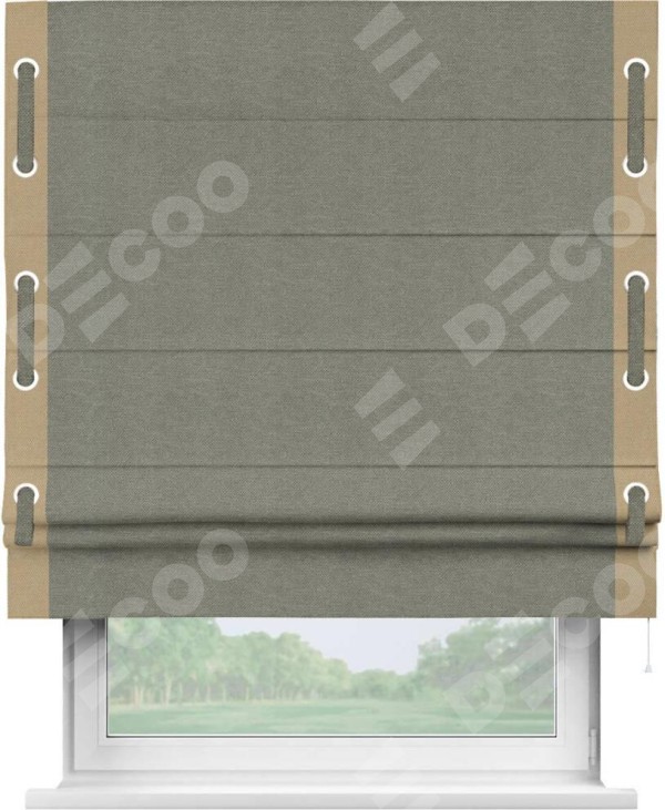 Римская штора «Кортин» с кантом Стрим Дуо (люверсы с пояском), для проема, ткань лён димаут, стальной