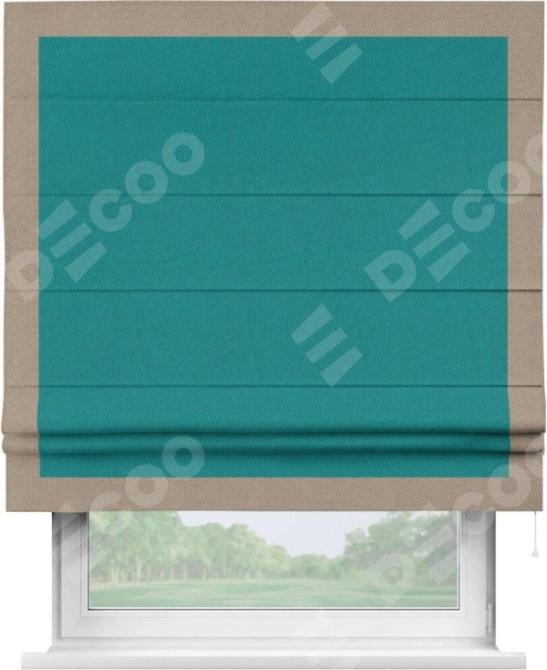 Римская штора «Кортин» с кантом Чесс, для проема, ткань лён димаут, тёмно-бирюзовый