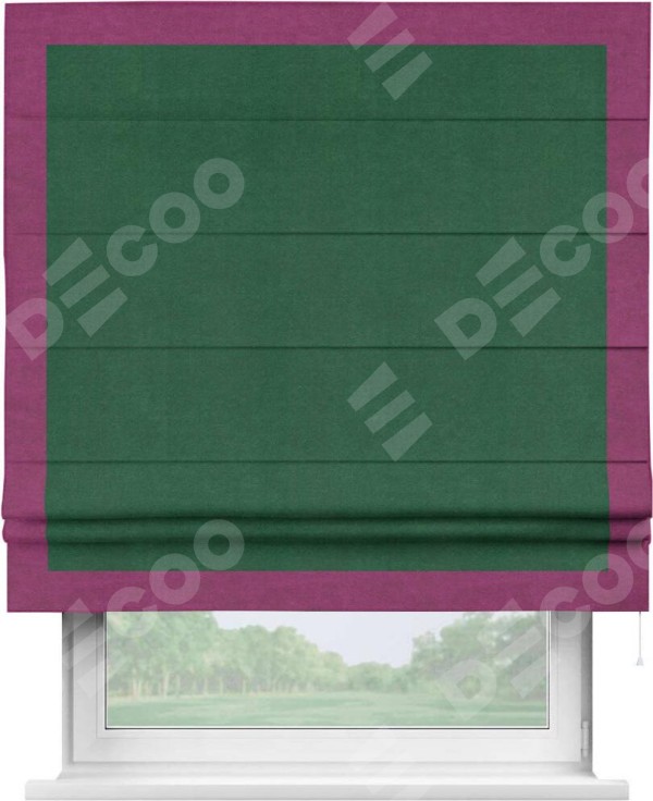 Римская штора «Кортин» с кантом Чесс, для проема, ткань вельвет зеленый