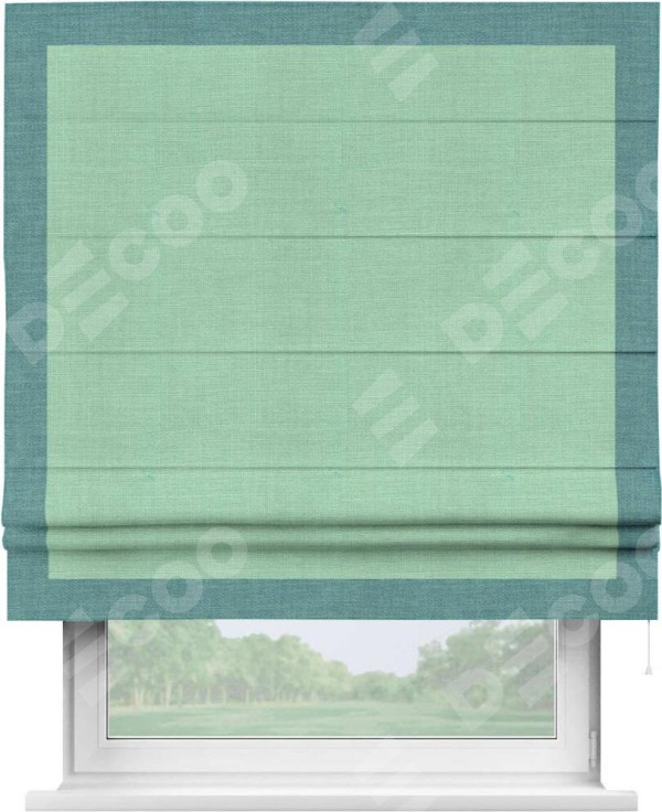 Римская штора «Кортин» с кантом Чесс, для проема, ткань лён светло-бирюзовый