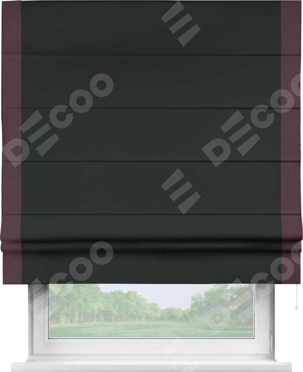 Римская штора «Кортин» для проема, блэкаут однотонный черный с кантом Стрим Дуо