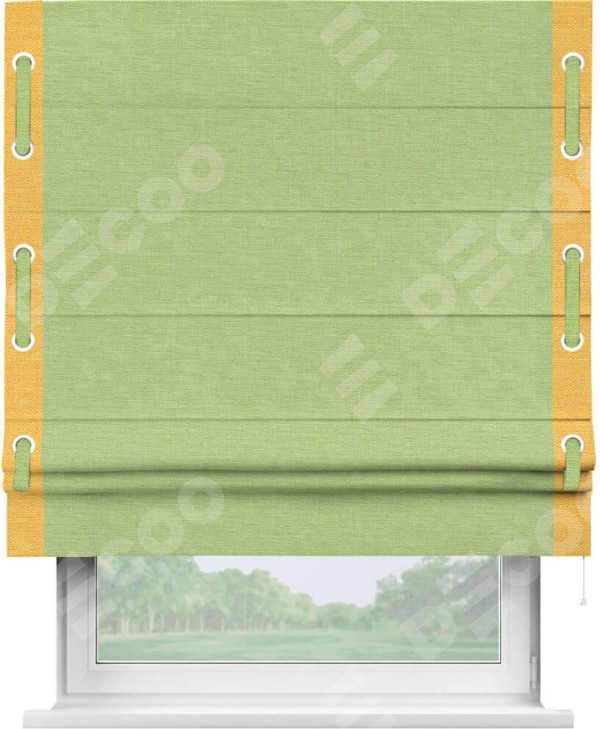 Римская штора «Кортин» с кантом Стрим Дуо (люверсы с пояском), для проема, ткань лён зеленый