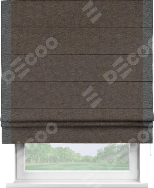 Римская штора «Кортин» для проема, твид блэкаут тёмно-коричневый, с кантом Стрим Дуо