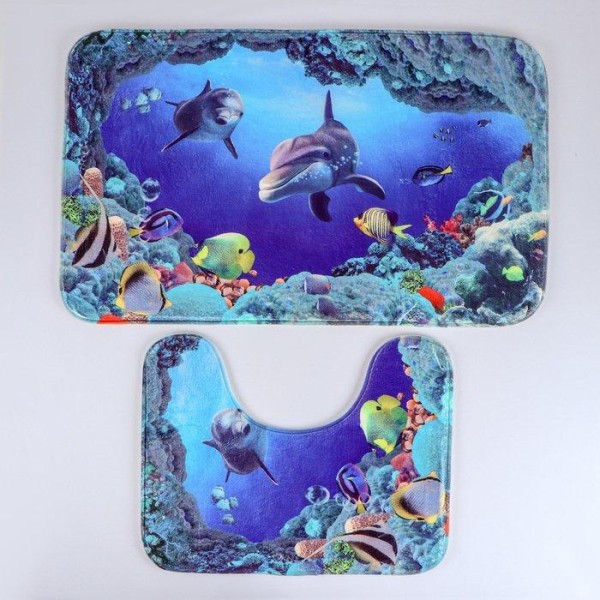 Набор ковриков для ванны и туалета Доляна «Морской мир», 2 шт: 40×50, 50×80 см