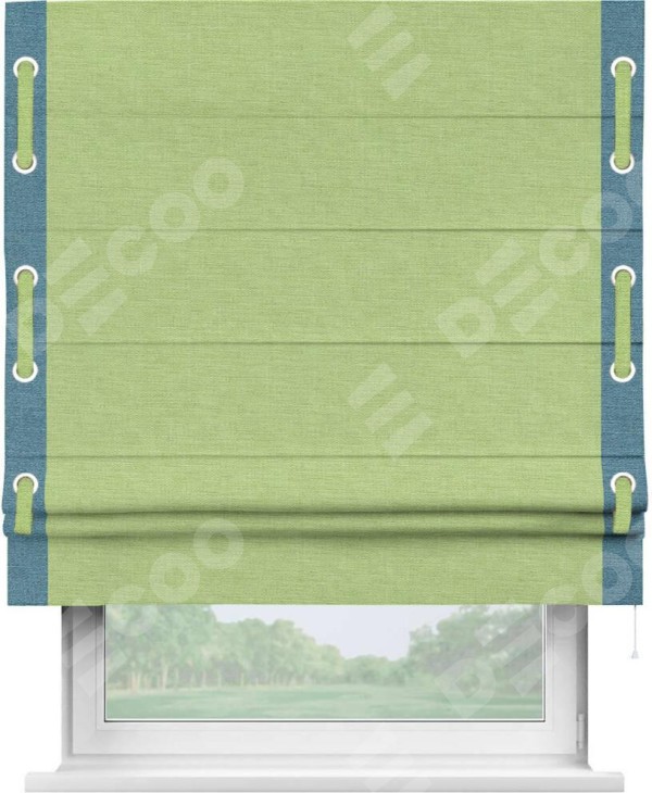 Римская штора «Кортин» с кантом Стрим Дуо (люверсы с пояском), для проема, ткань лён зеленый