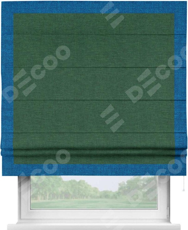 Римская штора «Кортин» с кантом Чесс, для проема, ткань лён серо-зеленый