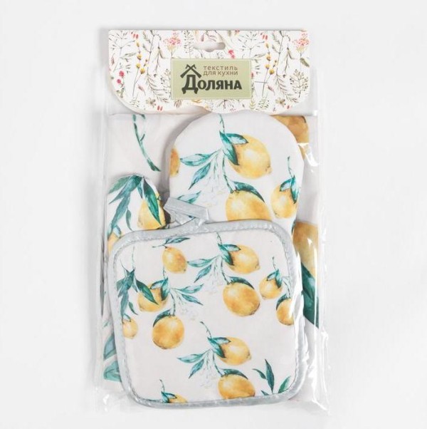 Кухонный набор Доляна Lemon, прихватка 17*17 см, рукавица 26*16 см, фартук 70*80 см 100% п/э