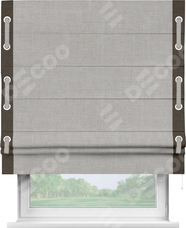 Римская штора «Кортин» для проёма, лён серый, с кантом Стрим Дуо (люверсы с пояском)