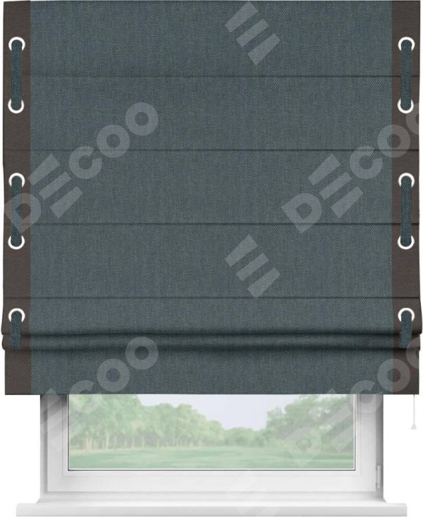 Римская штора «Кортин» с кантом Стрим Дуо (люверсы с пояском), для проема, ткань лён димаут, серо-синий