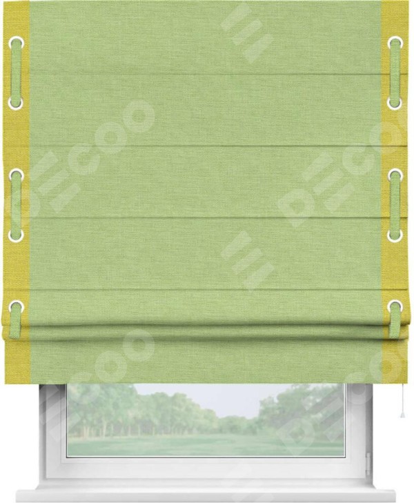Римская штора «Кортин» с кантом Стрим Дуо (люверсы с пояском), для проема, ткань лён зеленый