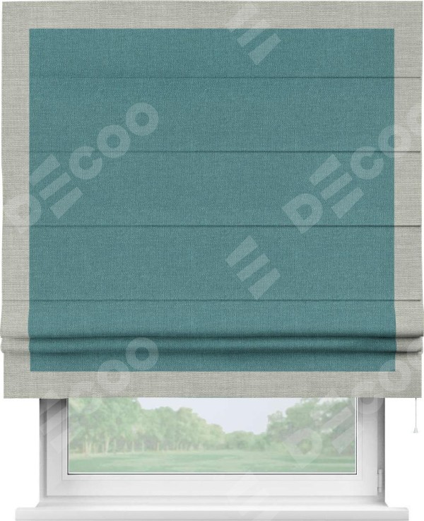 Римская штора «Кортин» с кантом Чесс, для проема, ткань лён бирюзовый