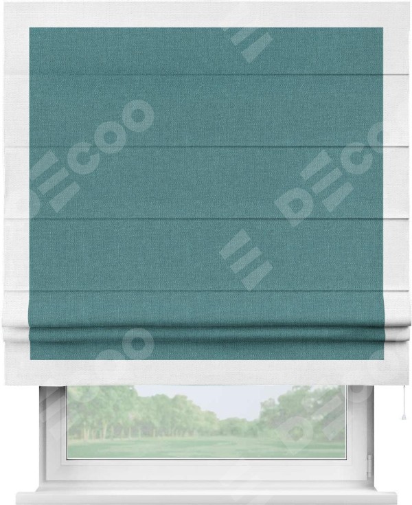 Римская штора «Кортин» с кантом Чесс, для проема, ткань лён бирюзовый