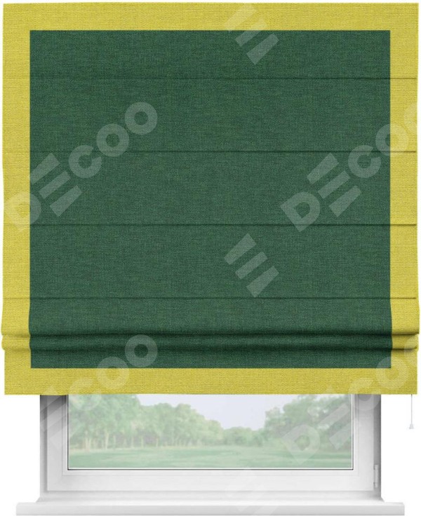 Римская штора «Кортин» с кантом Чесс, для проема, ткань лён серо-зеленый