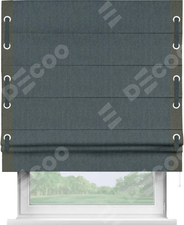Римская штора «Кортин» с кантом Стрим Дуо (люверсы с пояском), для проема, ткань лён димаут, серо-синий