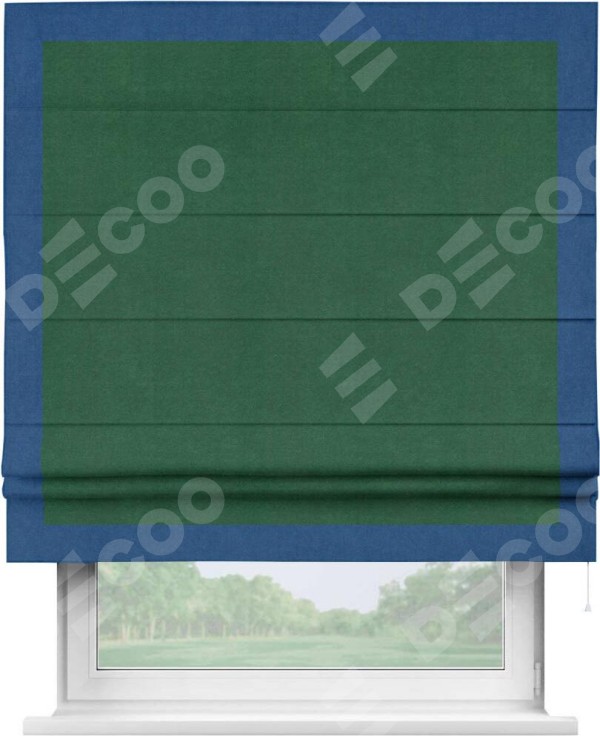 Римская штора «Кортин» с кантом Чесс, для проема, ткань вельвет зеленый