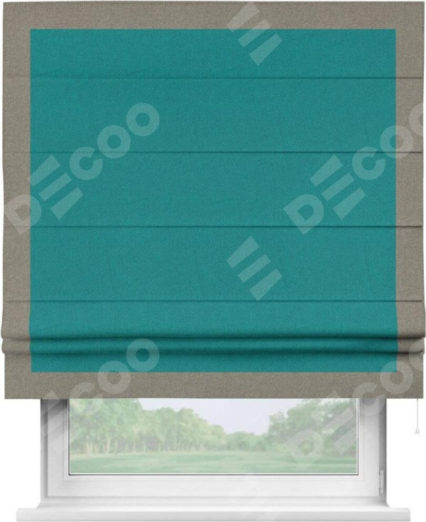 Римская штора «Кортин» с кантом Чесс, для проема, ткань лён димаут, тёмно-бирюзовый