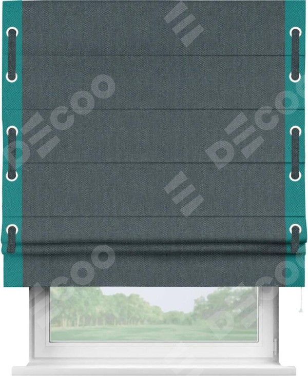 Римская штора «Кортин» с кантом Стрим Дуо (люверсы с пояском), для проема, ткань лён димаут, серо-синий