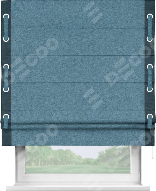 Римская штора «Кортин» с кантом Стрим Дуо (люверсы с пояском), для проема, ткань твид блэкаут, светло-синий