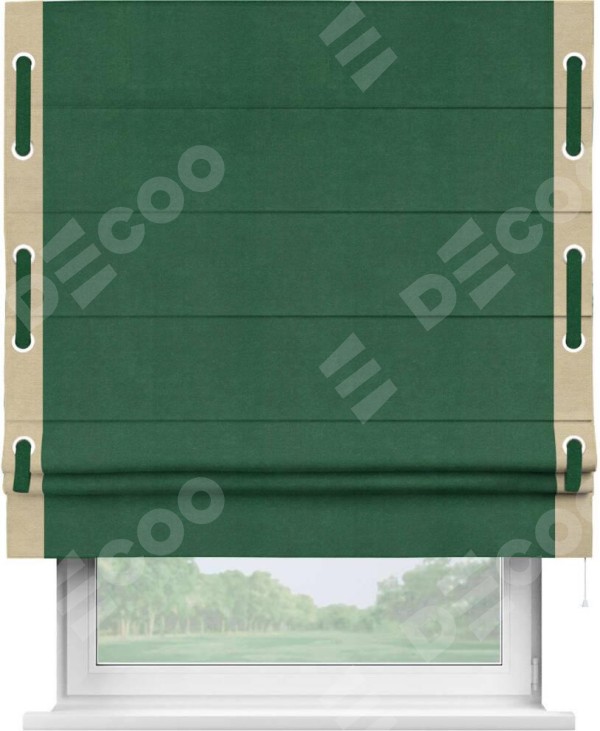 Римская штора «Кортин» с кантом Стрим Дуо (люверсы с пояском), для проема, ткань вельвет зеленый