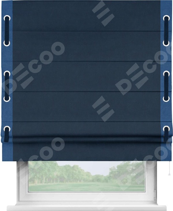 Римская штора «Кортин» с кантом Стрим Дуо (люверсы с пояском), для проема, ткань вельвет темно-синий