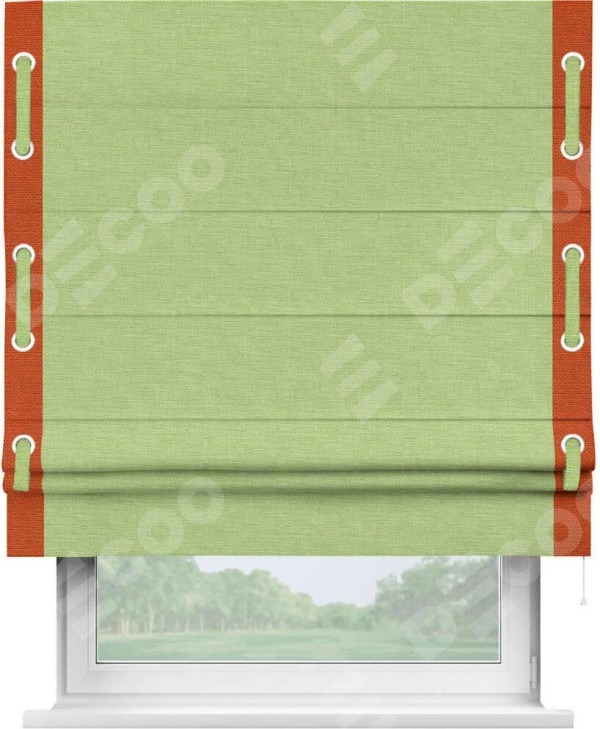 Римская штора «Кортин» с кантом Стрим Дуо (люверсы с пояском), для проема, ткань лён зеленый